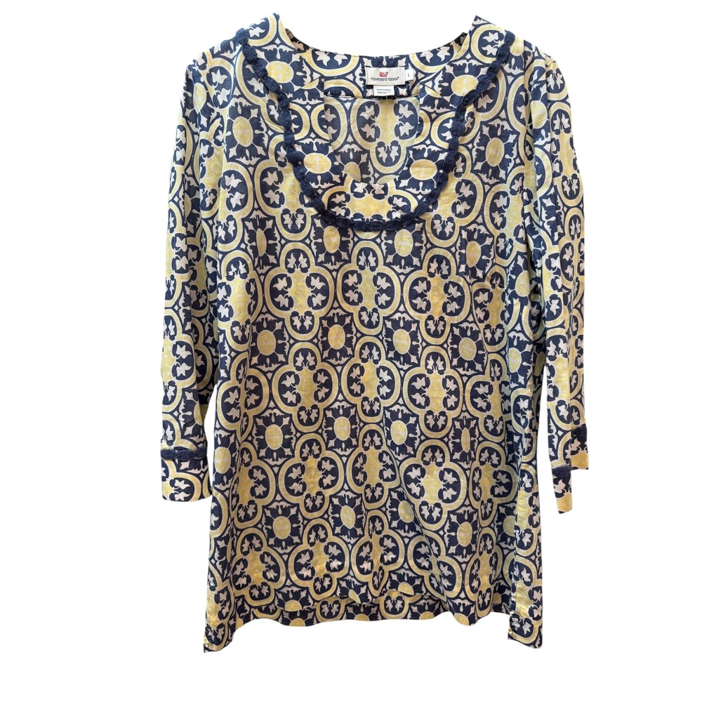 Vineyard Vines Womens Large‎ Navy Yellow Geometric Cotton Tunic 3/4 Sleeve Top